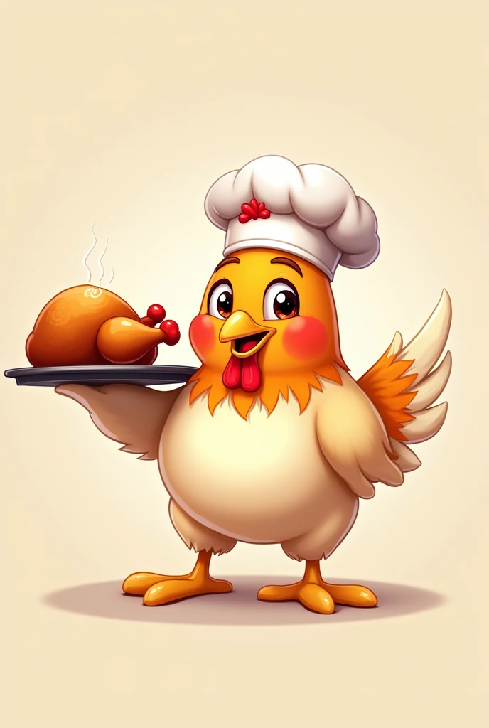 Create a logo mascot for a roast chicken delivery company in Sorriso. The mascot should be a friendly and cheerful chicken wearing a chef&#39;s hat., holding a delicious golden roast chicken on a tray. The chicken must have a welcoming smile, bright eyes and be designed in a way that is both playful and professional, attractive to families and food lovers. The color palette should include warm tones like reds, oranges and yellows, with some white details. O design geral deve ser simples, easily recognizable and suitable for use in packaging, signage and online platforms.