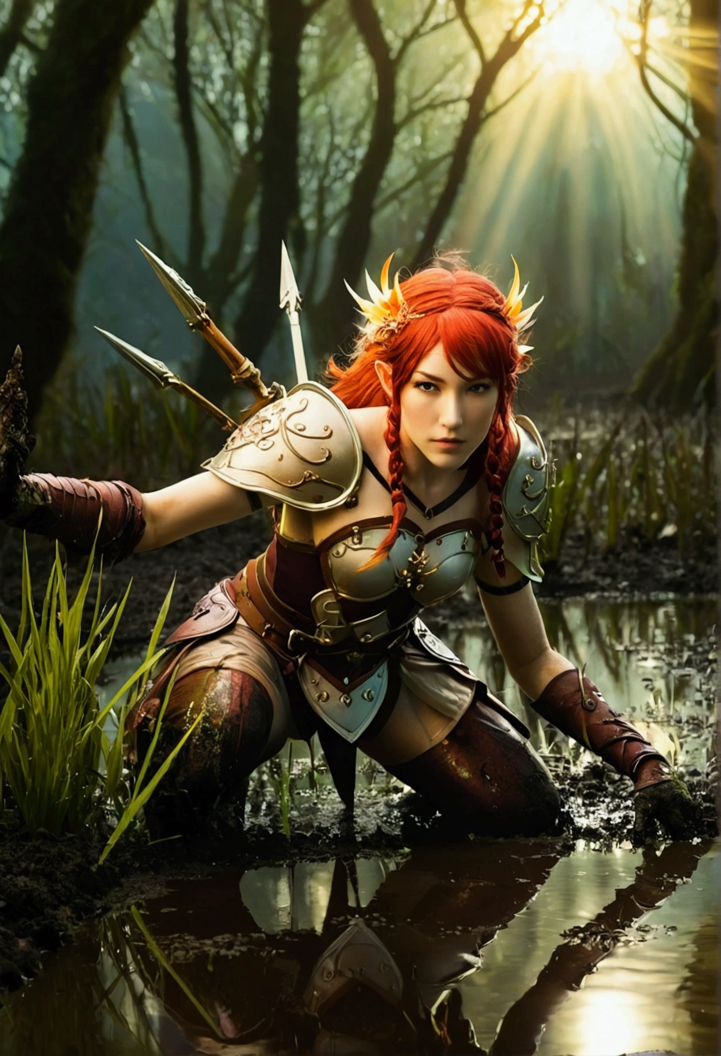 fantasy setting, a warrior resembling Fire Emblem's Titania crawling away in a muddy swamp