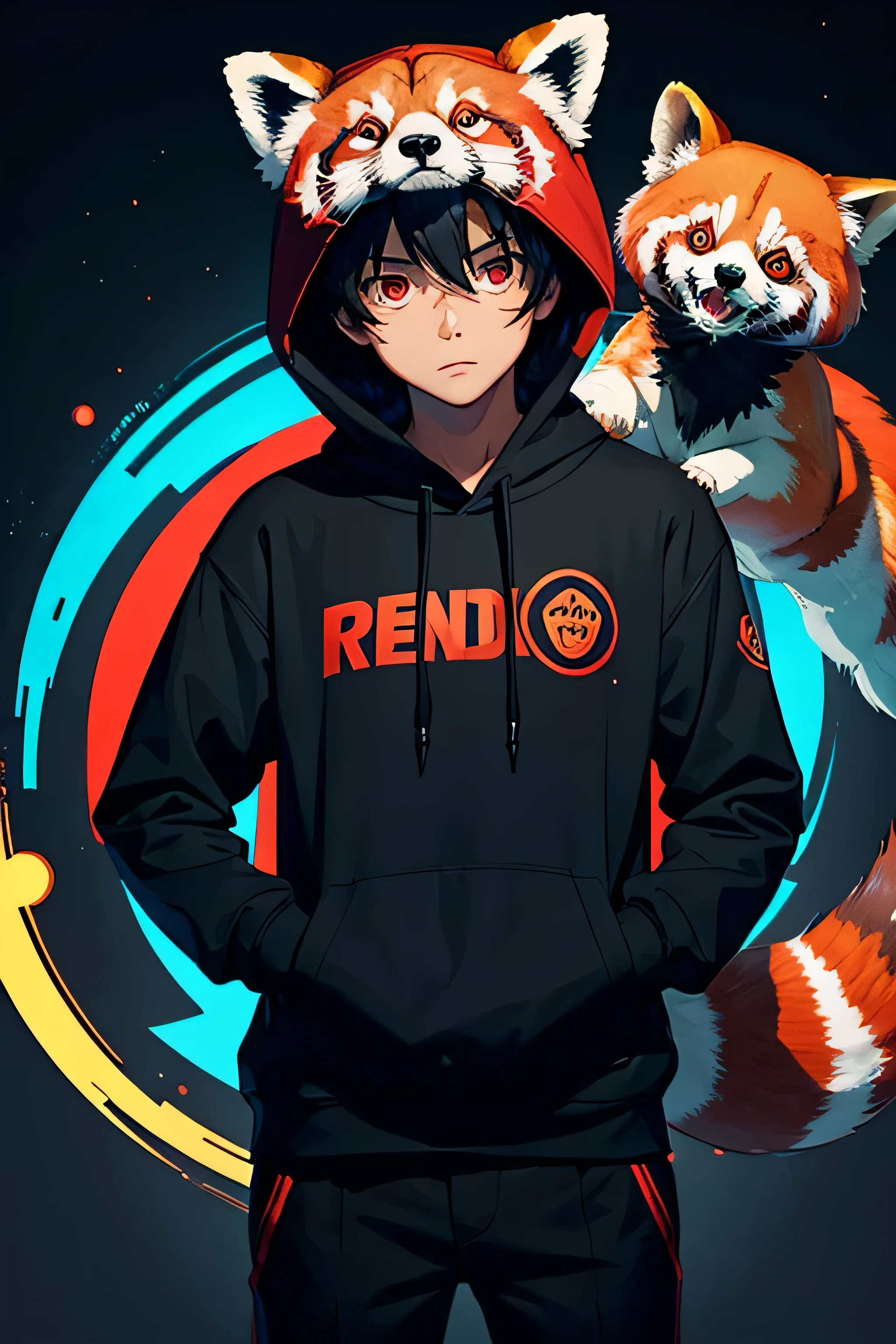 A mysterious boy wearing a hoodie with a red panda logo on it, the logo is glitched
