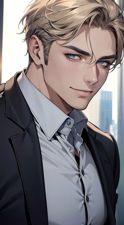 (best quality,4k,8k,highres,masterpiece:1.2),ultra-detailed,(realistic,photorealistic,photo-realistic:1.37),1 man,3,mature man,very handsome,without expression,smile,short grey golden hair,blue eyes,penetrating gaze,perfect face without errors,imposing posture,businessman,office background,cinematic lighting,hdr image