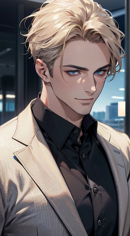 (best quality,4k,8k,highres,masterpiece:1.2),ultra-detailed,(realistic,photorealistic,photo-realistic:1.37),1 man,3,mature man,very handsome,without expression,smile,short grey golden hair,blue eyes,penetrating gaze,perfect face without errors,imposing posture,businessman,office background,cinematic lighting,hdr image