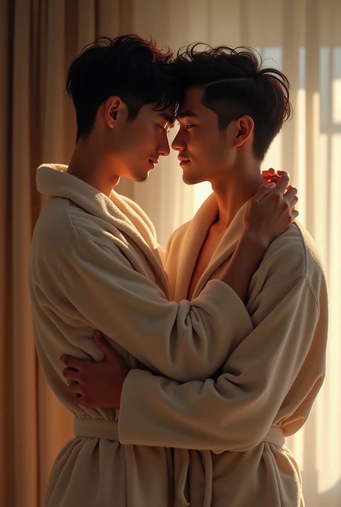 Two thai guy kissing wearing bathrob