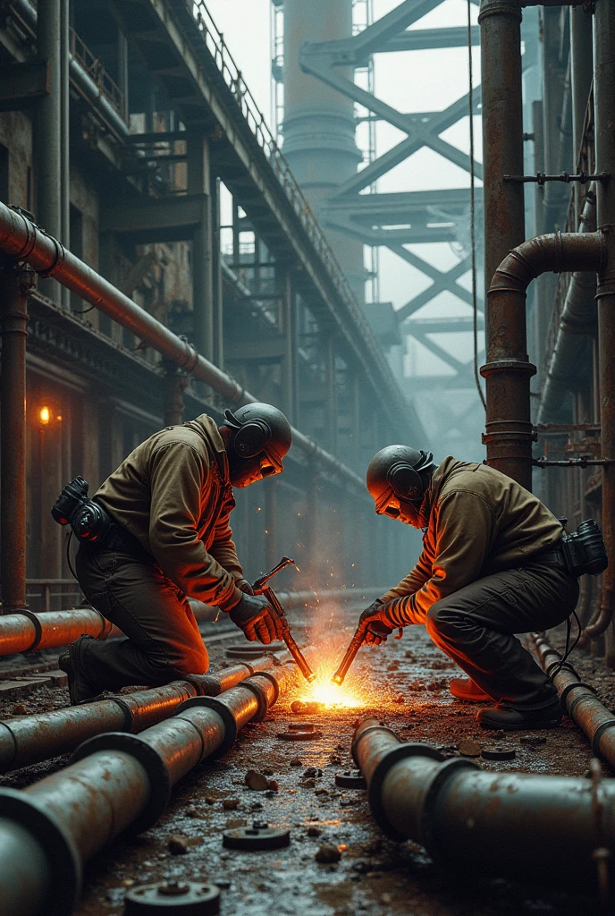 create industrial maintenance image with industrial piping, realistic style welding and tools