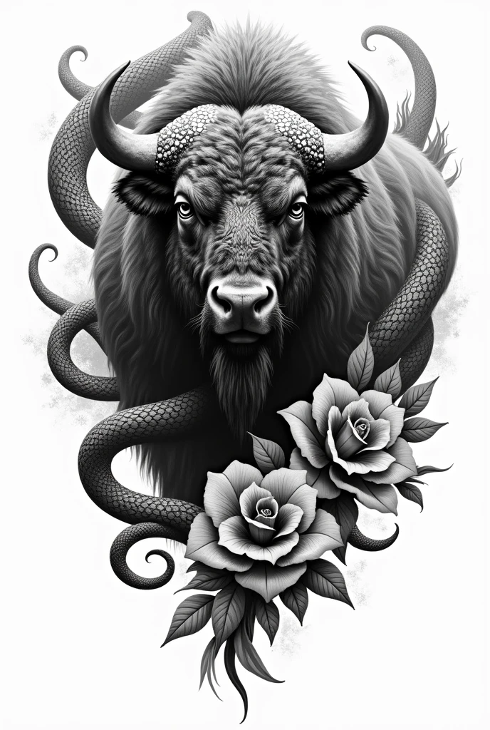 J'aimerais un tatouage avec un bison sur le milieu
Des serpent sur la droite et la gauche et des fleurs sur le fond
Tout en noir et blanc