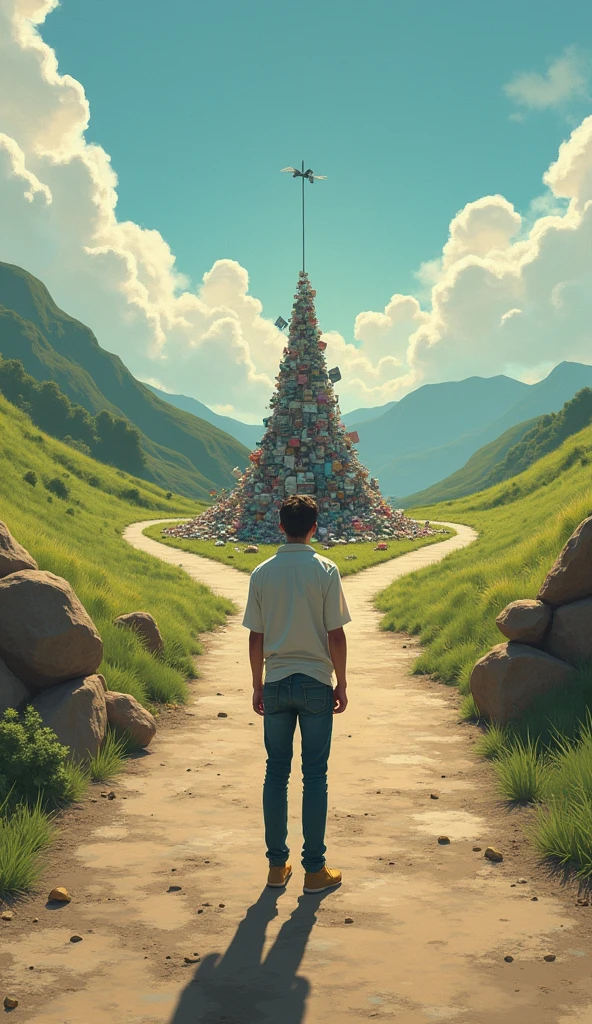 A person standing at a crossroads, with one path leading to a pile of consumer goods and the other path leading to a serene and insightful journey, symbolizing the choice between material consumption and personal growth."