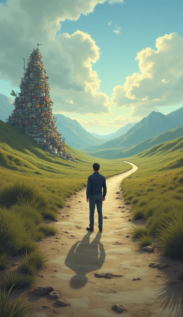 A person standing at a crossroads, with one path leading to a pile of consumer goods and the other path leading to a serene and insightful journey, symbolizing the choice between material consumption and personal growth."
