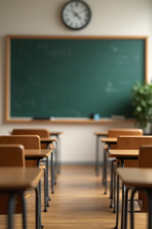 classroom、blackboard、clock、There are two rows of desks with a chair in front of each、The background is slightly blurred