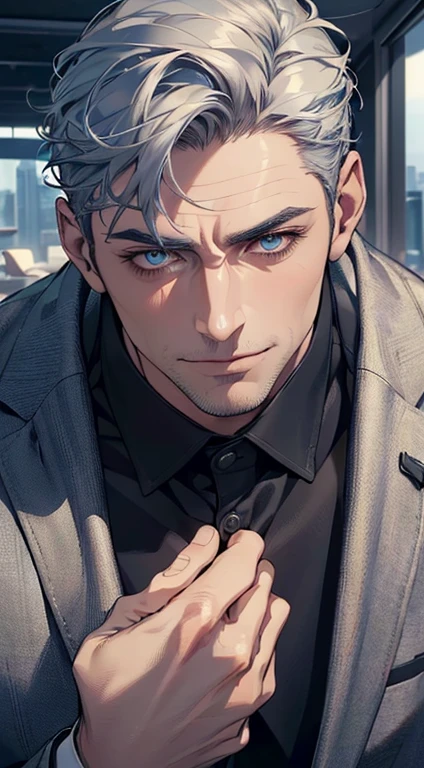 (best quality,4k,8k,highres,masterpiece:1.2),ultra-detailed,(realistic,photorealistic,photo-realistic:1.37),1 man,3,mature man,very handsome,without expression,smile,short grey blue hair,blue eyes,penetrating gaze,perfect face without errors,imposing posture,businessman,office background,cinematic lighting,hdr image
