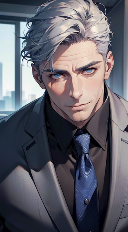 (best quality,4k,8k,highres,masterpiece:1.2),ultra-detailed,(realistic,photorealistic,photo-realistic:1.37),1 man,3,mature man,very handsome,without expression,smile,short grey blue hair,blue eyes,penetrating gaze,perfect face without errors,imposing posture,businessman,office background,cinematic lighting,hdr image