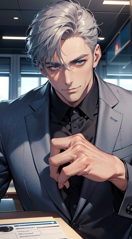 (best quality,4k,8k,highres,masterpiece:1.2),ultra-detailed,(realistic,photorealistic,photo-realistic:1.37),1 man,3,mature man,very handsome,without expression,smile,short grey blue hair,blue eyes,penetrating gaze,perfect face without errors,imposing posture,businessman,office background,cinematic lighting,hdr image
