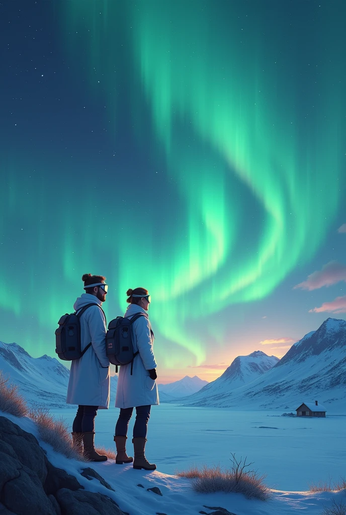 Image containing 90% Arora Borealis alongwith a corner having two friends watching the northern lights and living their best moments of life , show both the friends in a scientist attire but they should cover just 5% of image and please show adults not kids