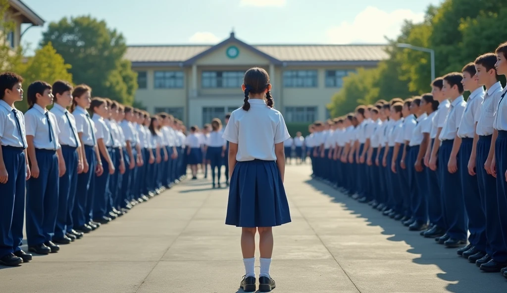 School 
Students are standing in the gound 
 morning assembly boys with blue pants and white shirt cinematic image
