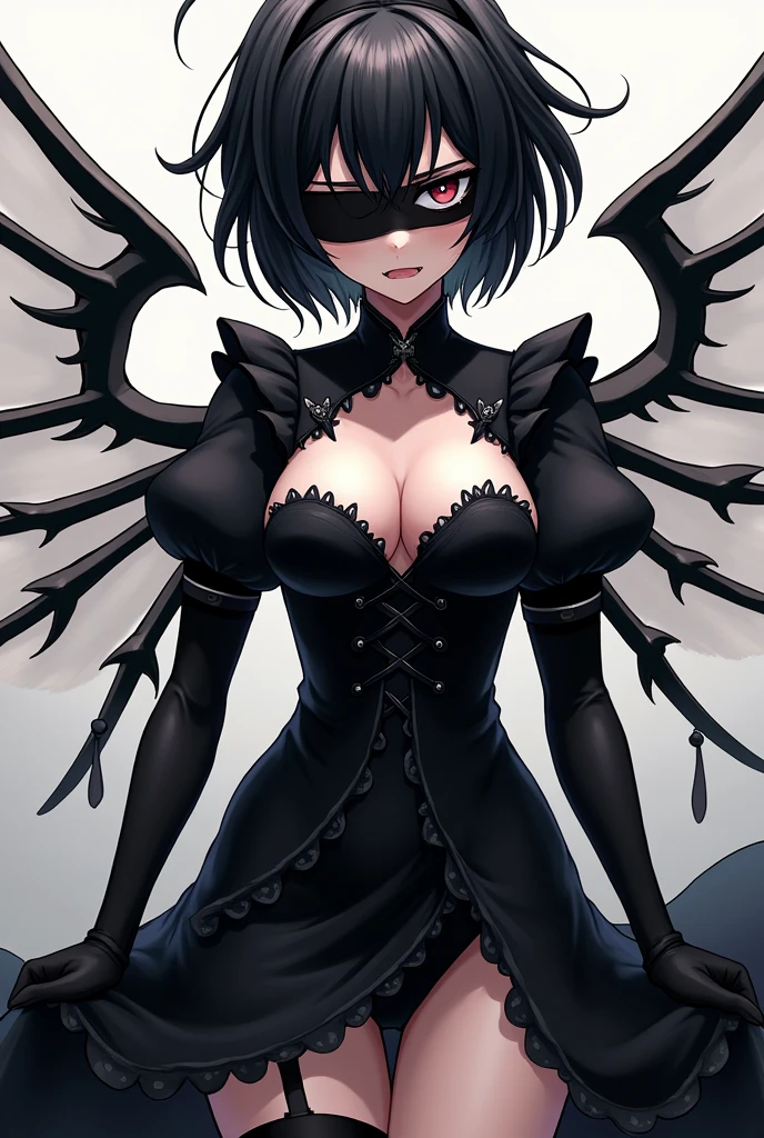 2b, long_sleeves, gloves, dress, cleavage,black_gloves, puffy_sleeves, black_thighhighs, mole, black_dress, clothing_cutout, cleavage_cutout, black_hairband, juliet_sleeves, mole_under_mouth, blindfold, vambraces, covered_eyes, black_blindfold,anime,short_hair,angry