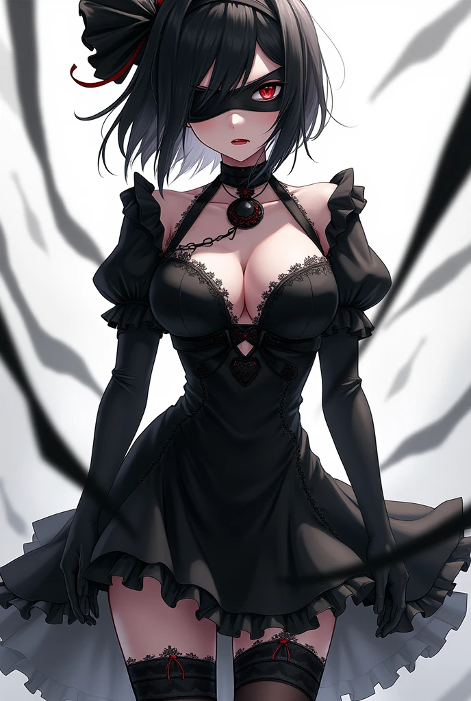 2b, long_sleeves, gloves, dress, cleavage,black_gloves, puffy_sleeves, black_thighhighs, mole, black_dress, clothing_cutout, cleavage_cutout, black_hairband, juliet_sleeves, mole_under_mouth, blindfold, vambraces, covered_eyes, black_blindfold,anime,short_hair,angry