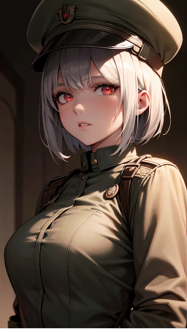 score_9, score_8_up, score_7_up, source_anime, best quality, amazing quality, absurdres, very aesthetic, 1girl, beautiful detailed eyes, beautiful detailed lips, military caps, military uniform, red eyes, short hair, grey hair, Bob Cut, holding army handgun, serious expression, side view, high quality, 8k, photorealistic, professional photography, cinematic lighting, dramatic shadows, muted color palette, gritty military style, background: Destroyed City.