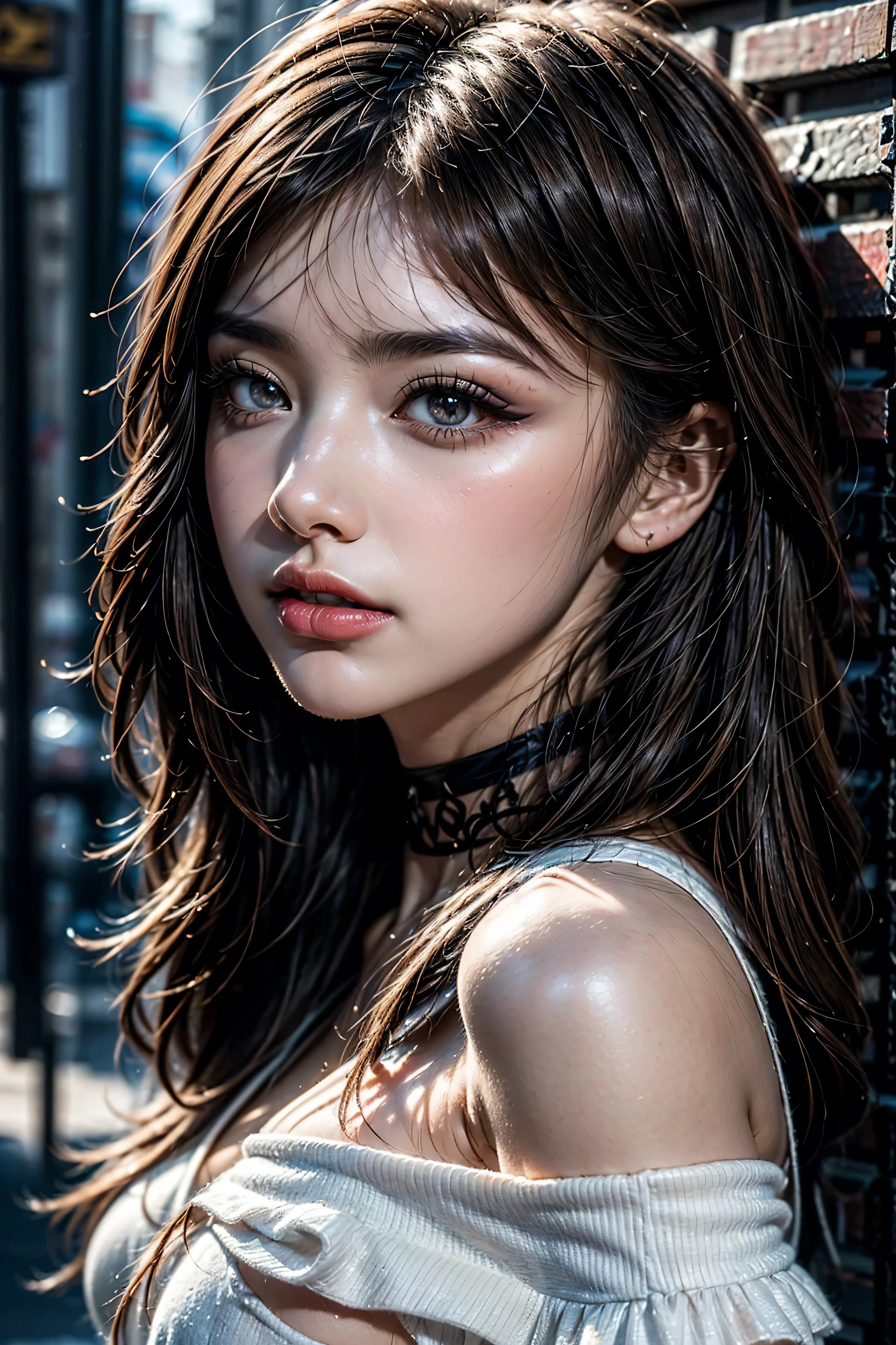 Realism, Realistic, ultra realistic details: velvety skin, blonde short slicked to the side hair, symmetrical lips, light glossy red_lipstick, long blue_eyelashes, pupils, BREAK, ultra realistic 8k cg, masterpiece, ((ultra detailed background, delicate pattern, intricate detail)), best quality, intricate details, chromatic aberration,anatomicallycorrect, perfect proportions), Hyper-Photorealistic ((portrait)) a cute 1model:1.4 24yo, dslr, best high quality soft lighting, sharp focus captured by Fujifilm XT3, f 5.6, in a dramatic lighting, (perfect composition), long hair, golden hair, messy hair, red highlights, hair over one eye, sharp eyes, choker, brick wall, graffiti, dim lighting, alley, oversized shirt,off shoulder, see through white shirt, Masterpiece, best quality