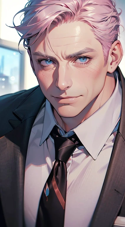 (best quality,4k,8k,highres,masterpiece:1.2),ultra-detailed,(realistic,photorealistic,photo-realistic:1.37),1 man,3,mature man,very handsome,without expression,smile,short grey pink hair,blue eyes,penetrating gaze,perfect face without errors,imposing posture,businessman,office background,cinematic lighting,hdr image
