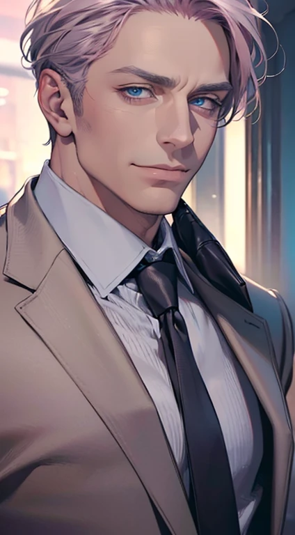 (best quality,4k,8k,highres,masterpiece:1.2),ultra-detailed,(realistic,photorealistic,photo-realistic:1.37),1 man,3,mature man,very handsome,without expression,smile,short grey pink hair,blue eyes,penetrating gaze,perfect face without errors,imposing posture,businessman,office background,cinematic lighting,hdr image