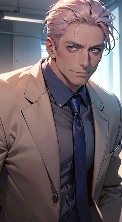 (best quality,4k,8k,highres,masterpiece:1.2),ultra-detailed,(realistic,photorealistic,photo-realistic:1.37),1 man,3,mature man,very handsome,without expression,smile,short grey pink hair,blue eyes,penetrating gaze,perfect face without errors,imposing posture,businessman,office background,cinematic lighting,hdr image
