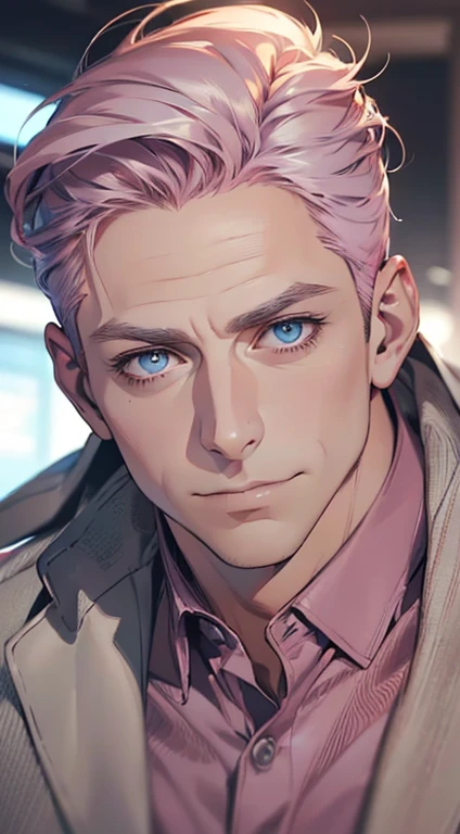(best quality,4k,8k,highres,masterpiece:1.2),ultra-detailed,(realistic,photorealistic,photo-realistic:1.37),1 man,3,mature man,very handsome,without expression,smile,short grey pink hair,blue eyes,penetrating gaze,perfect face without errors,imposing posture,businessman,office background,cinematic lighting,hdr image
