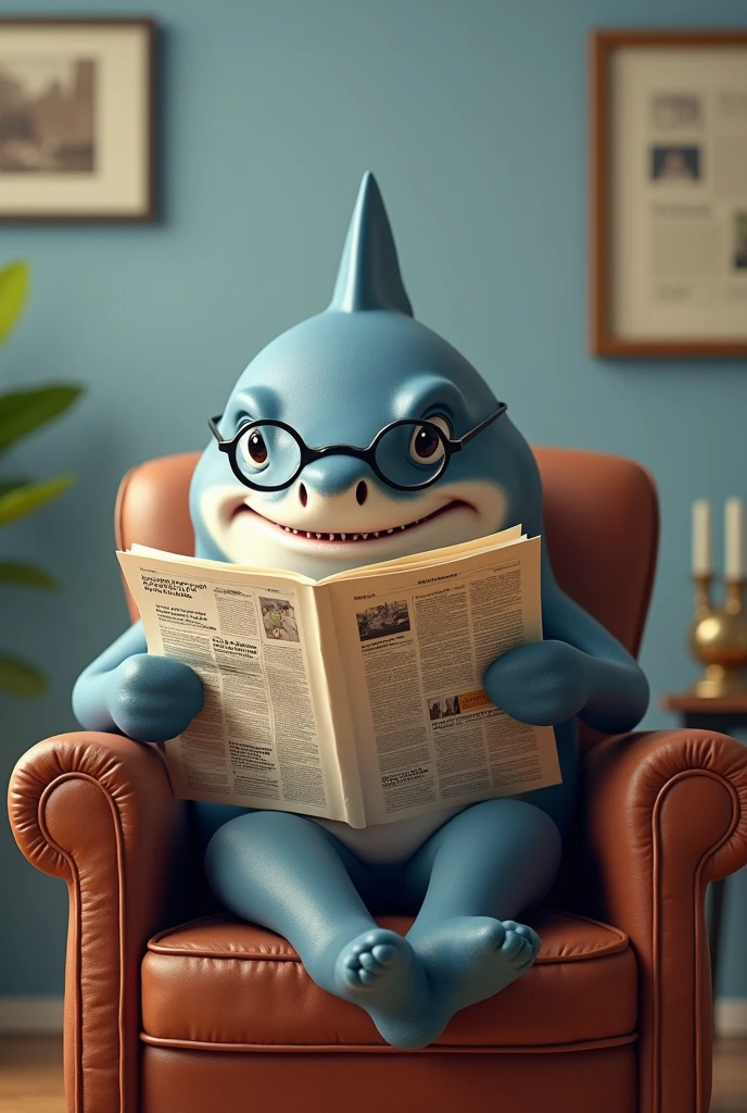 the shark sitting on a chair and reading a newspaper, there is an eyeglass