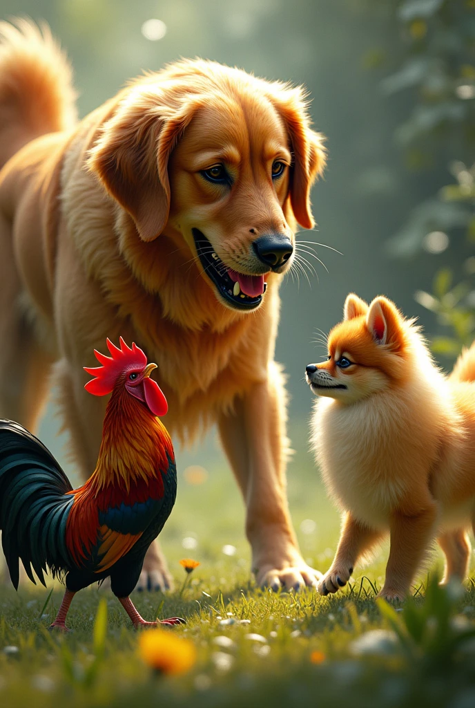 a GOLDEN RETRIEVER dog and a small bantam rooster fighting with a POMERANIAN dog,