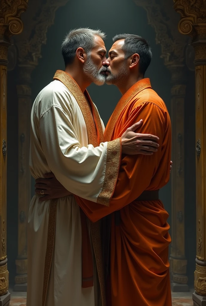 Two ancient thai guy kissing wearing bathrob