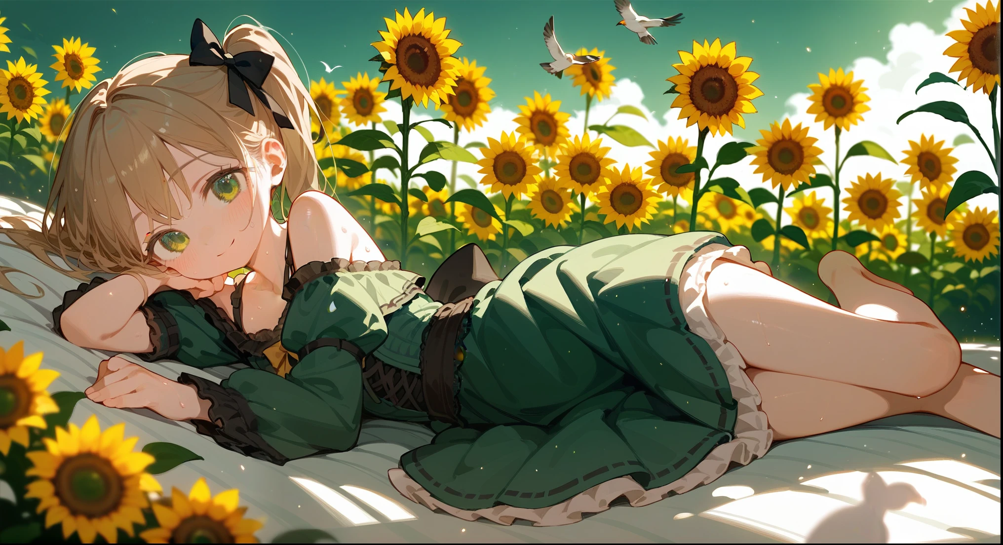 1 young girl,lying in the sky,barefoot,Brown side ponytail,Green Eyes,sunflower,Beautiful light and shadow,Light Particles,and green theme lolita,Lace skirt,Off-shoulder dress,Bow at ankle,blush,Smile,sweat,Bird