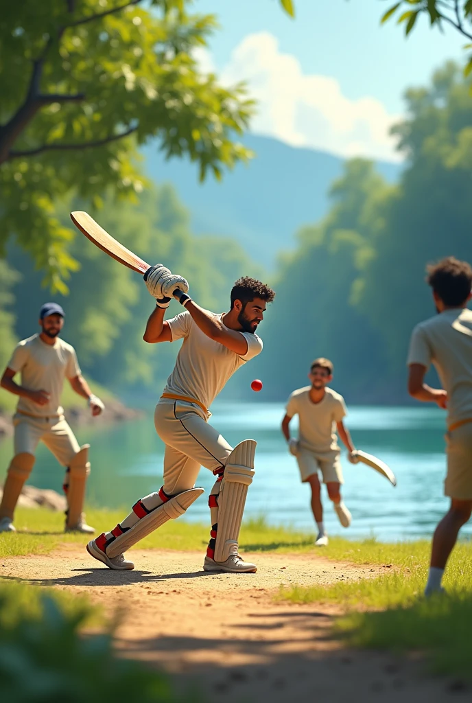 A man playing cricket with friends in river
