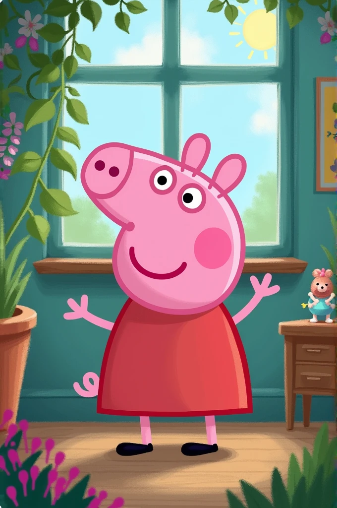 Peppa is standing or sitting in a classroom or in the garden, starting the explanation