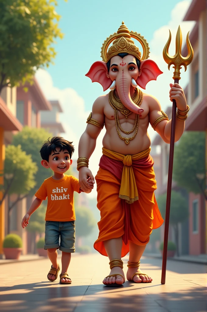 A  wearing an orange T-shirt with 'Shiv Bhakt' written on it is walking hand in hand with Lord Ganesha, a majestic and traditional Hindu deity. The boy is smiling, looking content and happy. Lord Ganesha is shown in his traditional form with an elephant head, holding a trident and blessing the boy. They are walking together on a modern city street against a backdrop of houses and trees. The scene is bright and colourful, reflecting a blend of tradition and modernity.