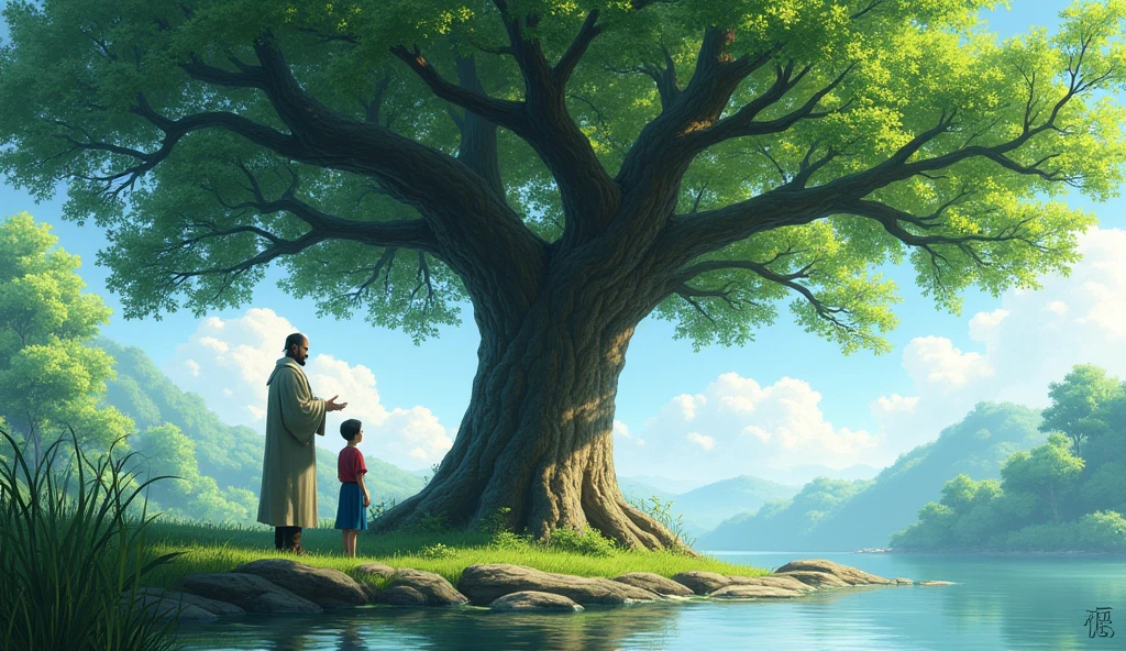 A large, majestic oak tree stands tall near the pond, its roots firmly anchored in the ground. The tree's thick trunk and wide-reaching branches have endured many seasons, symbolizing resilience and stability. Master Koji points toward the oak tree, his face calm and wise, while Hiro adult boy looks on with curiosity and reflection. The sunlight filters through the tree's leaves, casting dappled shadows on the ground, adding to the scene's sense of timeless wisdom."