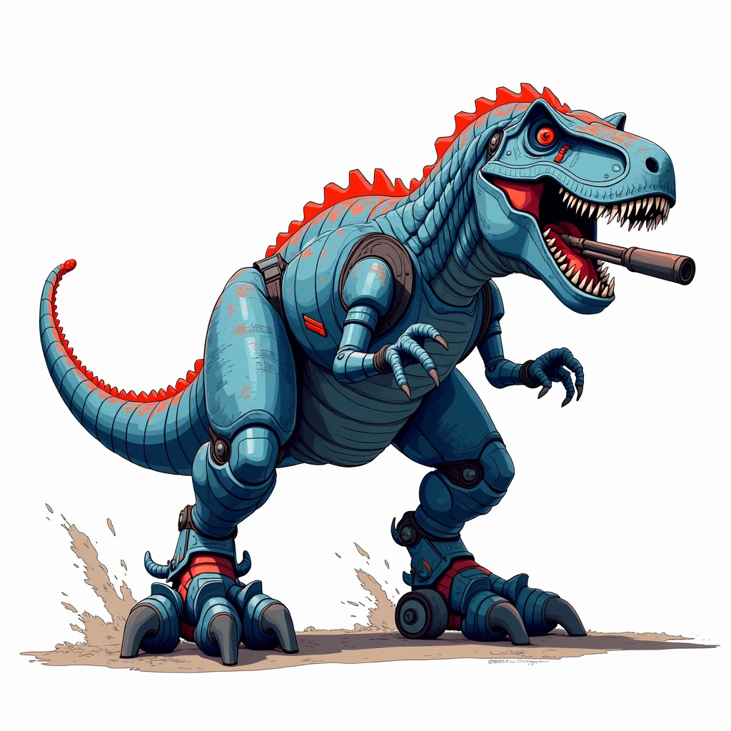 “(Masterpiece: 1.2), (best quality: 1.0), T-Rex armed anime style by Akira Toriyama, with a retro-futuristic design, T-Rex with wheels on the feet, machine gun coming out of the mouth, blue sci-fi color with red details, white background, intricate textures, clean and dynamic lines, (Dragon Ball Z art: 1.5), comic style with vibrant colors and dramatic shading, centralized composition, energetic atmosphere”