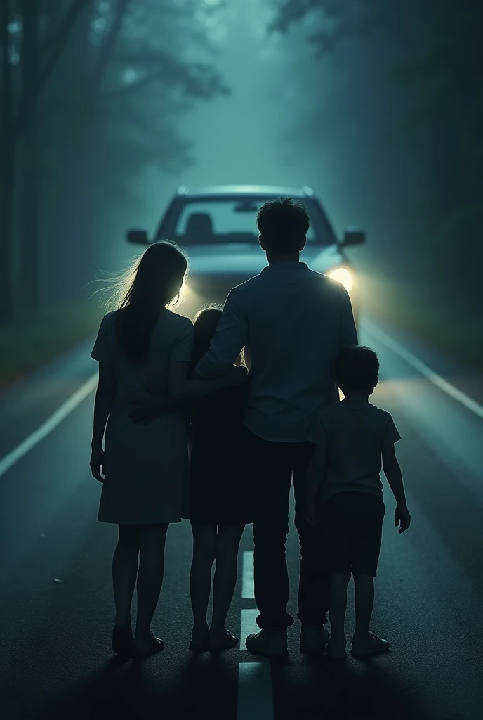 Scared family looking back at a car