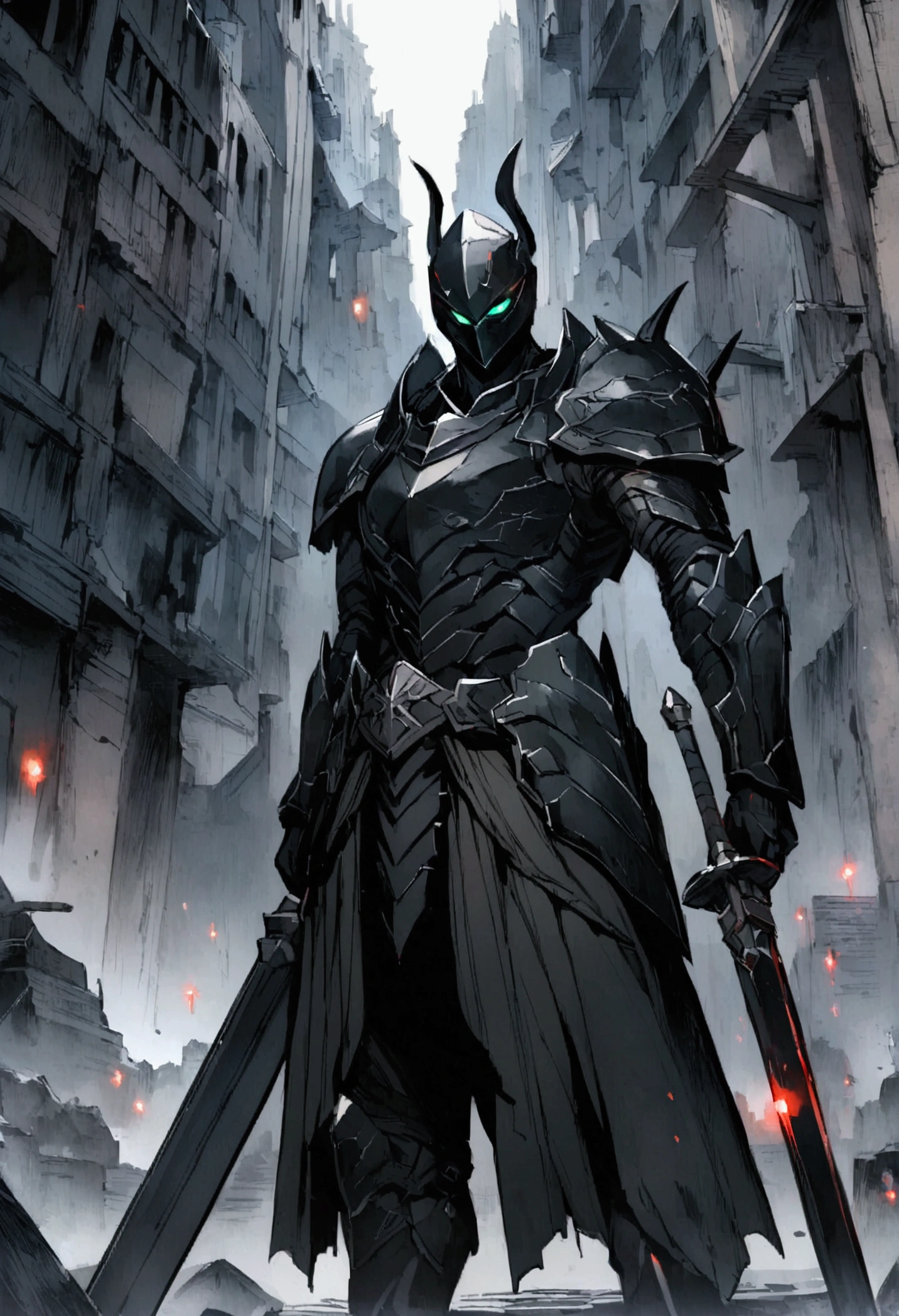 A male guardian warriors in pitch black armor holding swords in ruins city