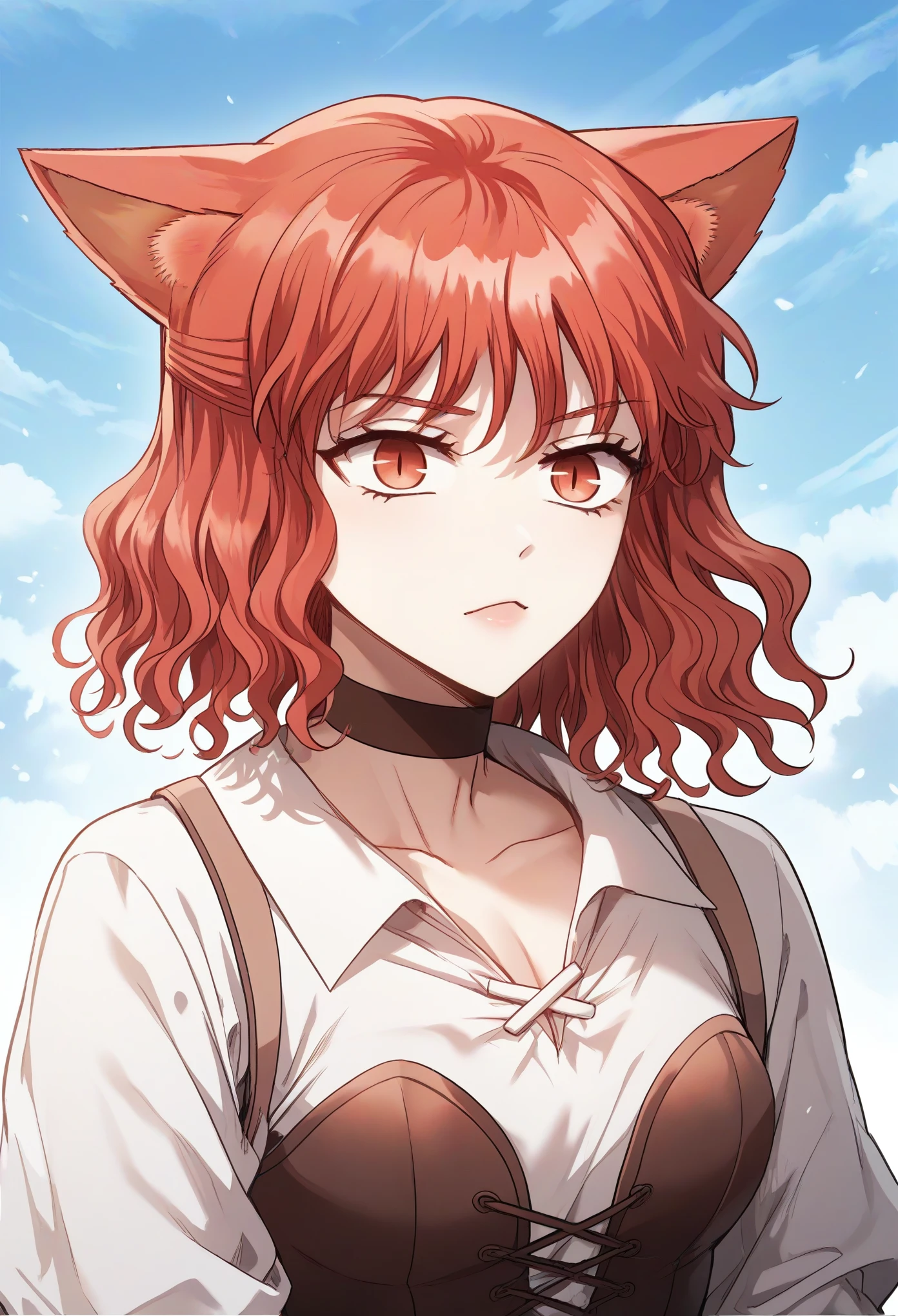 MisshaKarlstein, cat woman, red eyes, red hair, short hair, wavy hair, battle uniform