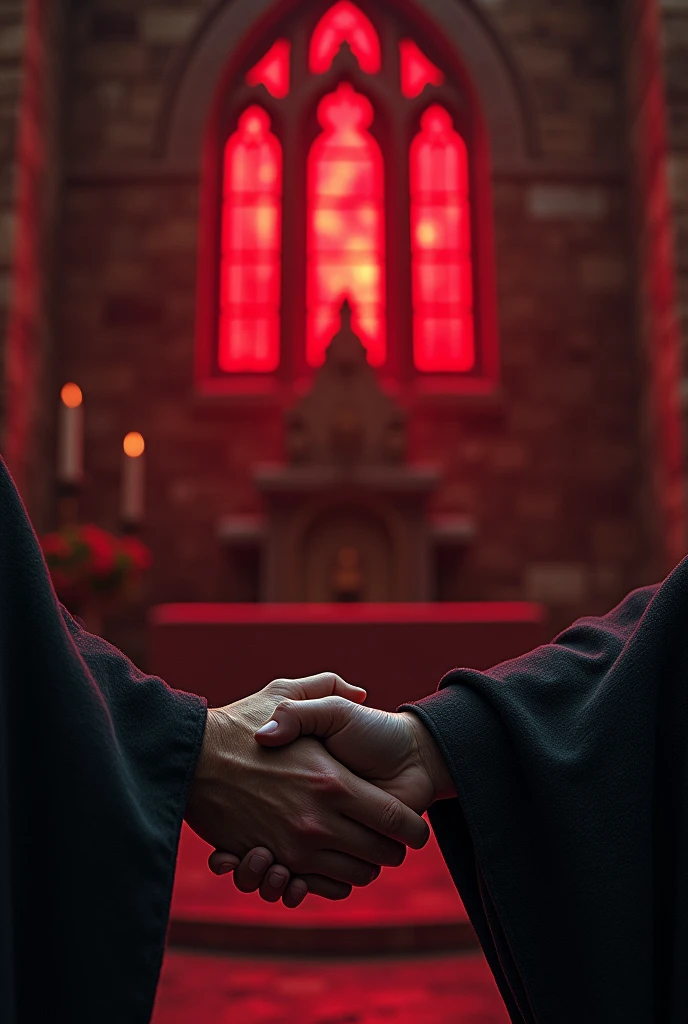 a blood-colored moon reflects through the windows, inside an old chapel with altar, first perspective just the arms signing a blood contract 