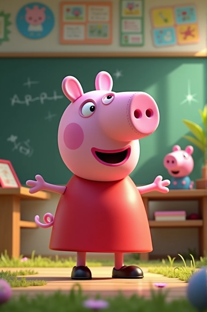Peppa pig is standing or sitting in a classroom or in the garden, starting the explanation c
