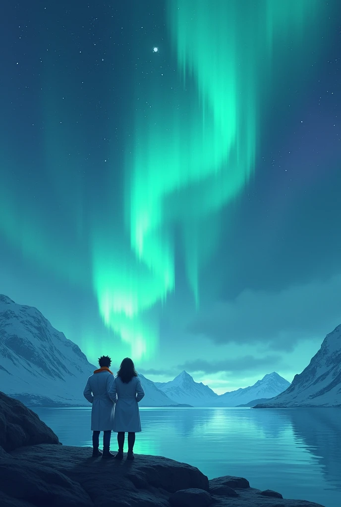 Image containing 90% Arora Borealis alongwith a corner having two friends watching the northern lights and living their best moments of life , show both the friends in a scientist attire but they should cover just 5% of image and please show adults not kids, show them more smaller