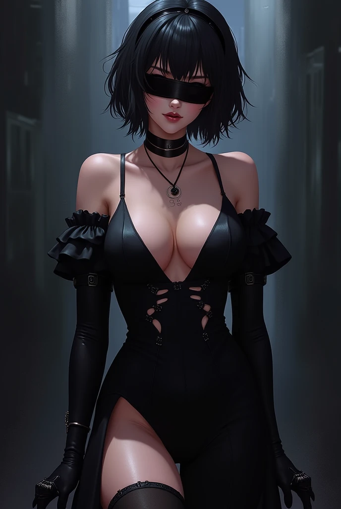 2b, long_sleeves, gloves, dress, cleavage,black_gloves, puffy_sleeves, black_thighhighs, mole, black_dress, clothing_cutout, cleavage_cutout, black_hairband, juliet_sleeves, mole_under_mouth, blindfold, vambraces, covered_eyes, black_blindfold,anime,short_hair,angry,both_eyes_covered