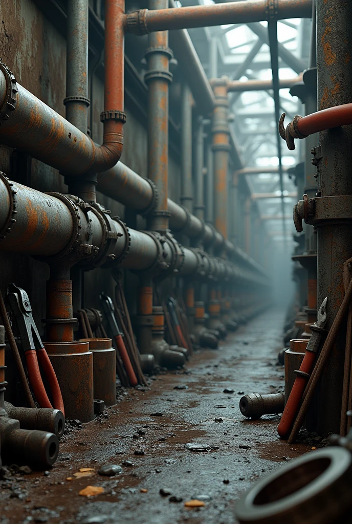 create industrial image with industrial piping, on the left, thermal insulation and realistic style tools