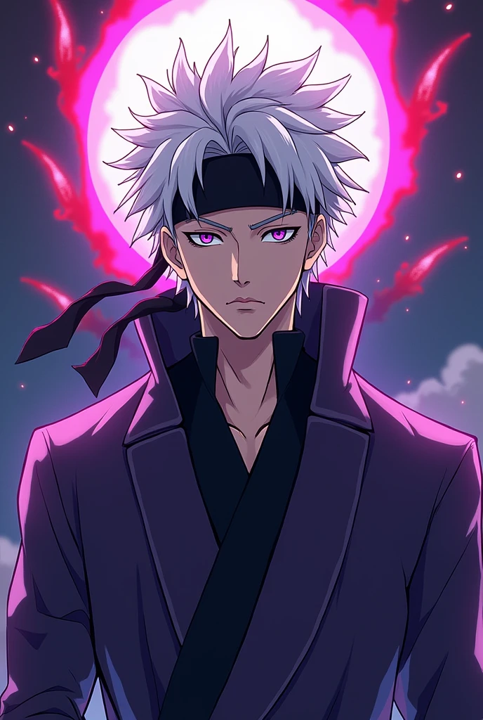 (make an artwork of gojo satoru from jujutsu kaisen)(white sipky hairs eyes cover with black headband, voilet color dressed ) in anime theme