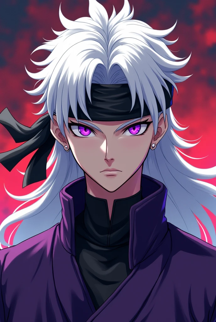 (make an artwork of gojo satoru from jujutsu kaisen)(white sipky hairs eyes cover with black headband, voilet color dressed ) in anime theme