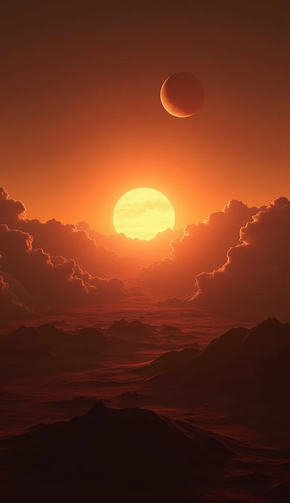 "The Backward Sunrise on Venus": Visualize Venus' surface with a surreal sunset or sunrise scene where the Sun is rising in the west and setting in the east. The sky can be filled with thick clouds and the Sun glowing faintly through them. Capture the strangeness of the long Venusian day, with a faint clock overlay showing how long a day lasts compared to its year.