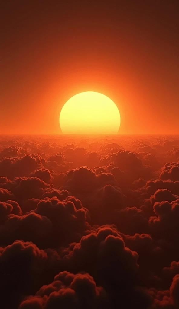 "The Backward Sunrise on Venus": Visualize Venus' surface with a surreal sunset or sunrise scene where the Sun is rising in the west and setting in the east. The sky can be filled with thick clouds and the Sun glowing faintly through them. Capture the strangeness of the long Venusian day, with a faint clock overlay showing how long a day lasts compared to its year.