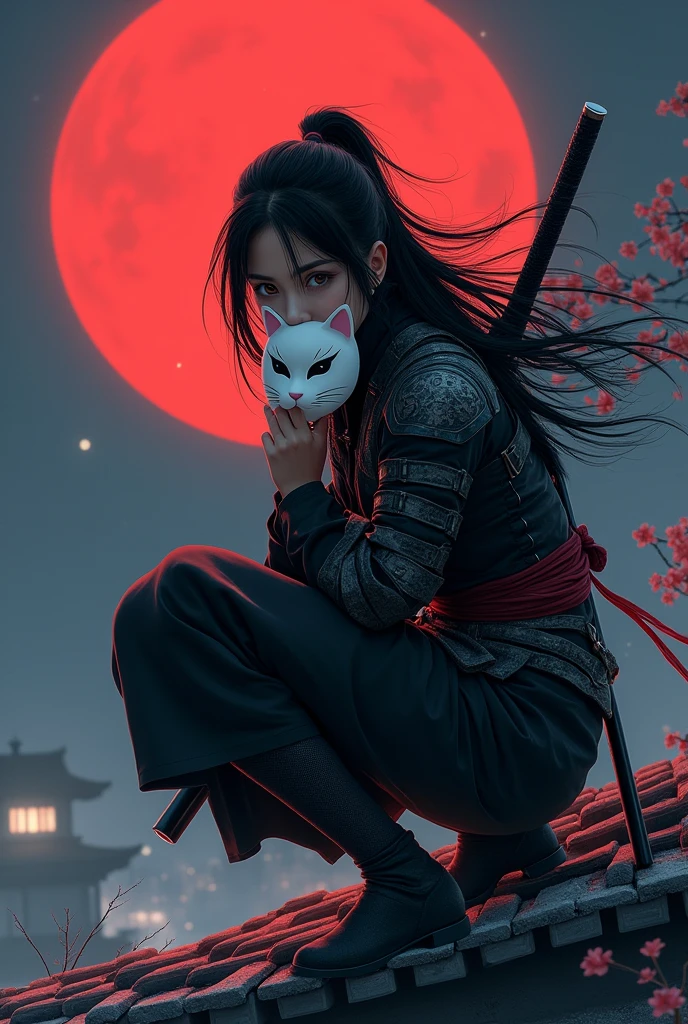 
The action of a 30 year old Indonesian woman, black hair combed back, sitting squatting on the edge of the roof of a Japanese house, holding a white

cat-shaped mask, wearing a ninja costume, there is a blood stain effect on the costume. wearing iron armor complete with a large rope tied around his waist, long black trousers and tabi, there is a samurai sword placed on his back. his gaze is very sharp, the night atmosphere with the background of a large, bright red full moon adds to the drama of his narrative. atmosphere, flowers and cherry trees at night, hair blowing in the wind, cold, realistic details of a cold night scene realistic details of a cold night scene in a Japanese city