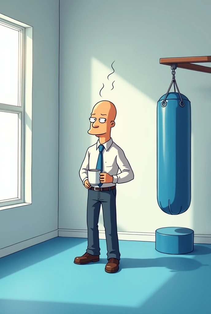 Dilbert In a white-walled gym, blue vinyl flooring , next to a blue punching bag, holding a cup of coffee, at dawn 