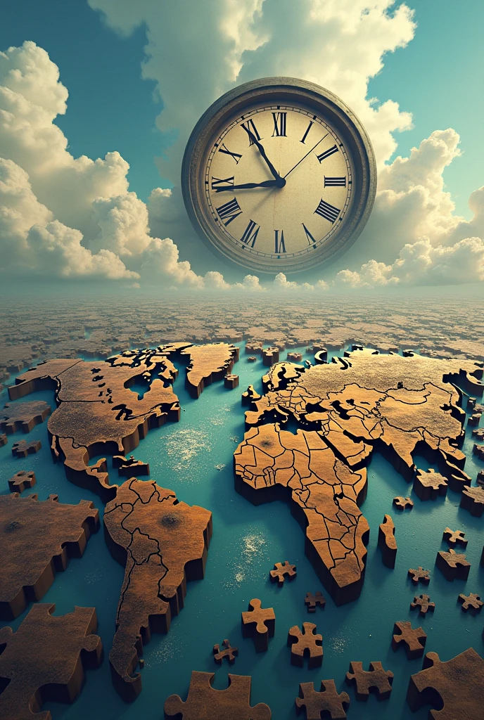 Imagine a world represented as a big puzzle. Initially, all the pieces are together, forming a complete and colorful image. However, at present, We see how some pieces begin to separate, leaving gaps and creating divisions. Between the separate pieces, trade walls or barriers are erected. Each piece could have a representative symbol, like the Statue of Liberty for the United States, The Eiffel Tower for France, etc. In the background, A giant clock marks the time, indicating the urgency of change.