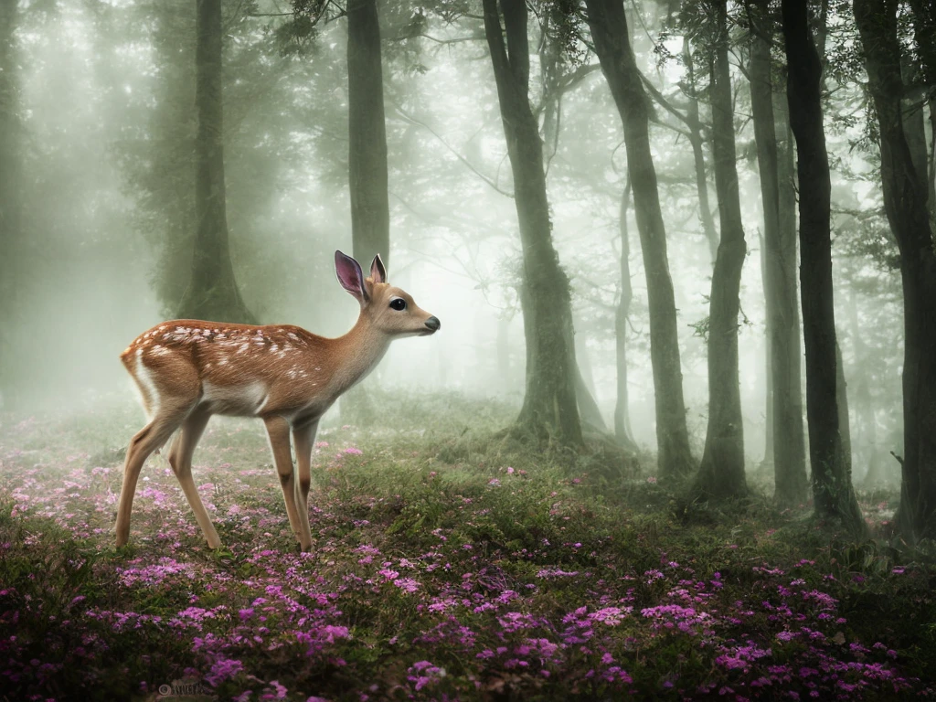 A fawn, in a flowery clearing in a misty forest, dark fairytale atmosphere, soft light, high chaos, intricate work by Johan Grenier style, Alyssa Monks style