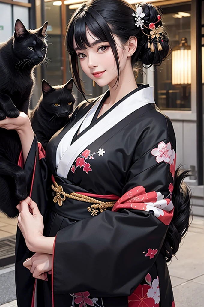Bust-up of a beautiful black-haired woman in a kimono smiling while holding a black cat